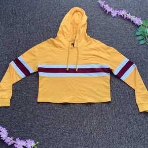 Yellow Cropped Hoodie w/ White and Red Stripe